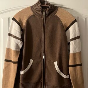 Brown and Beige Knit Zip Up Sweater